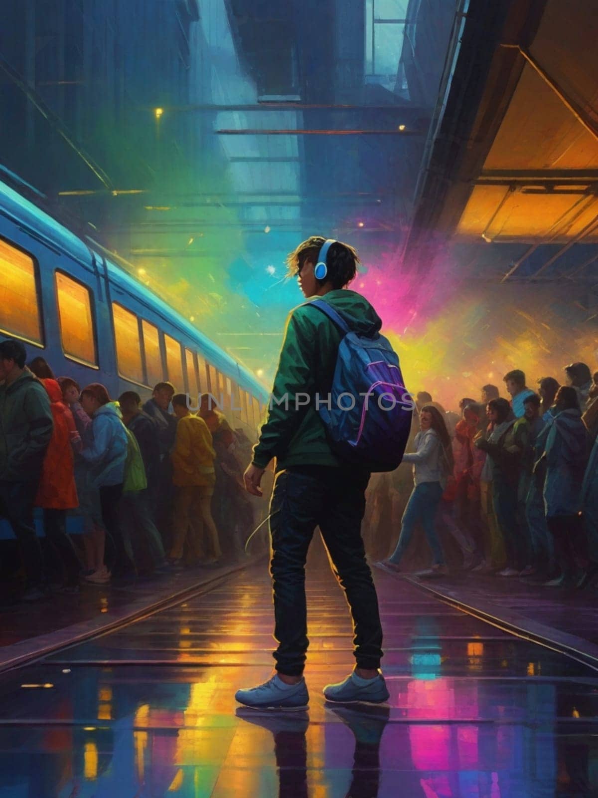 teen girl cmmute in train metro station wearing casual, earphone in a fantasy neon glow atmosphere by verbano
