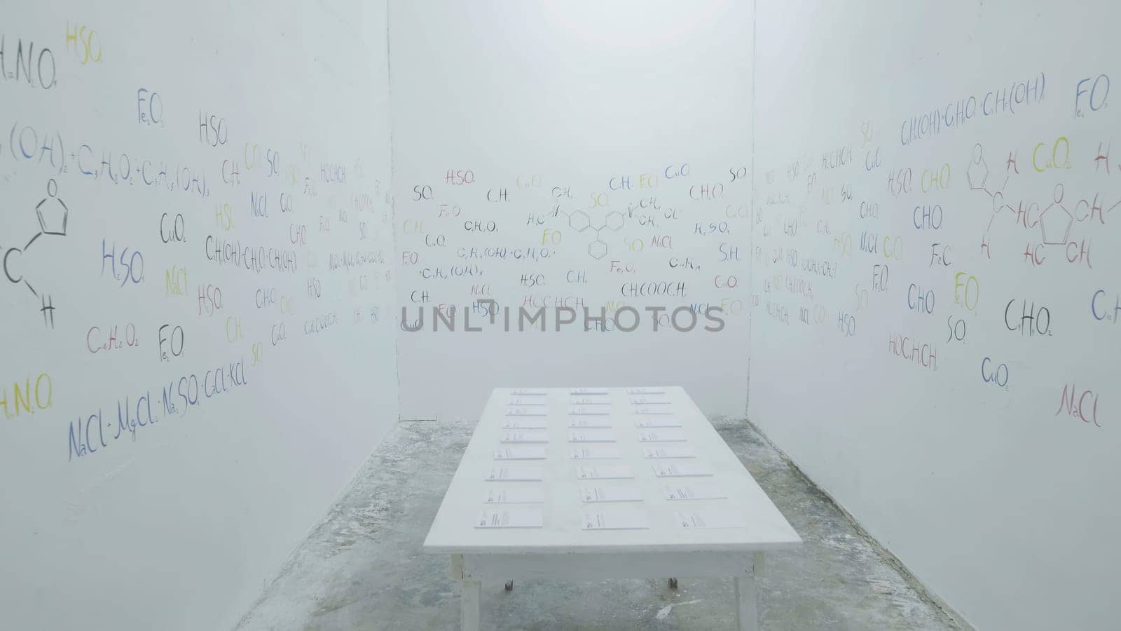 Colorful formulas of chemical elements on walls at white office and white table. Chemical formulas written on white chalkboard. Chemical Bonding Experiment Research Science Table of Elements Concept. Research Science Table of Elements Concept 4K