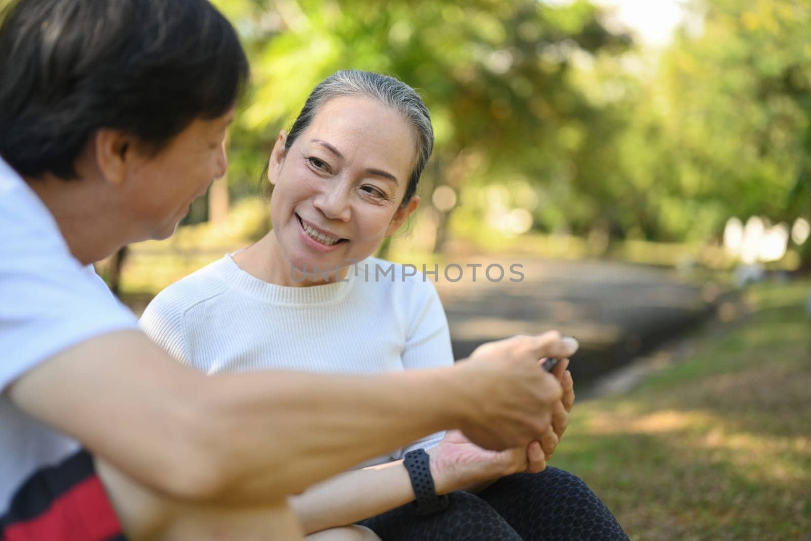 Happy active middle aged couple having fun talking and relaxing in the park. Retirement lifestyle concept.