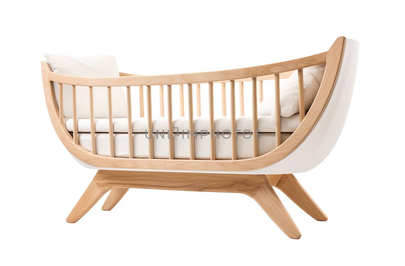 Sleek modern cradle with curved wooden frame and cushions, perfect for contemporary nursery or kids room. Baby bed isolated on white background. Cut out baby room furniture. Generative AI. by creativebird