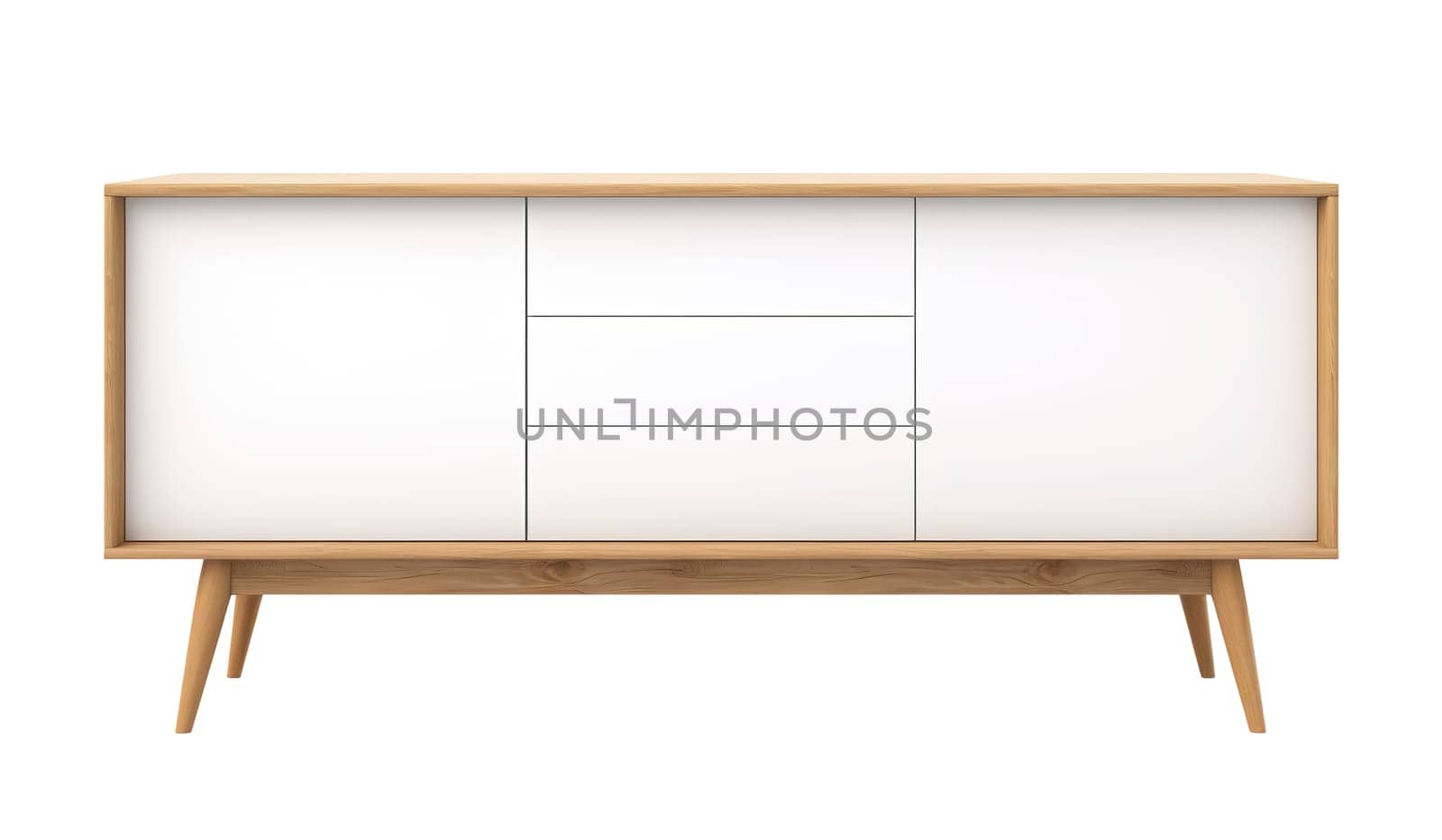 Scandinavian-inspired sideboard with white doors, wooden frame, offering sleek and minimalist look ideal for modern homes, isolated on white background. Cut out furniture. Front view. Generative AI