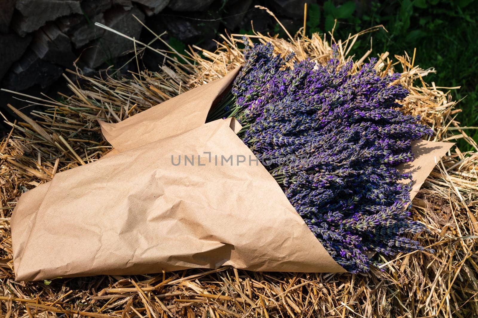 A bouquet of violet-blue lavender on a background of hay and straw
