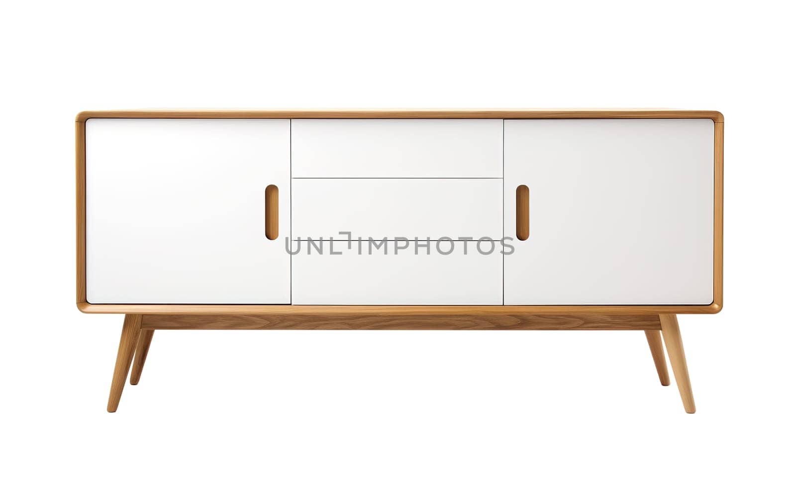 Scandinavian-inspired sideboard with white doors, wooden frame, offering sleek and minimalist look ideal for modern homes, isolated on white background. Cut out furniture. Front view. Generative AI