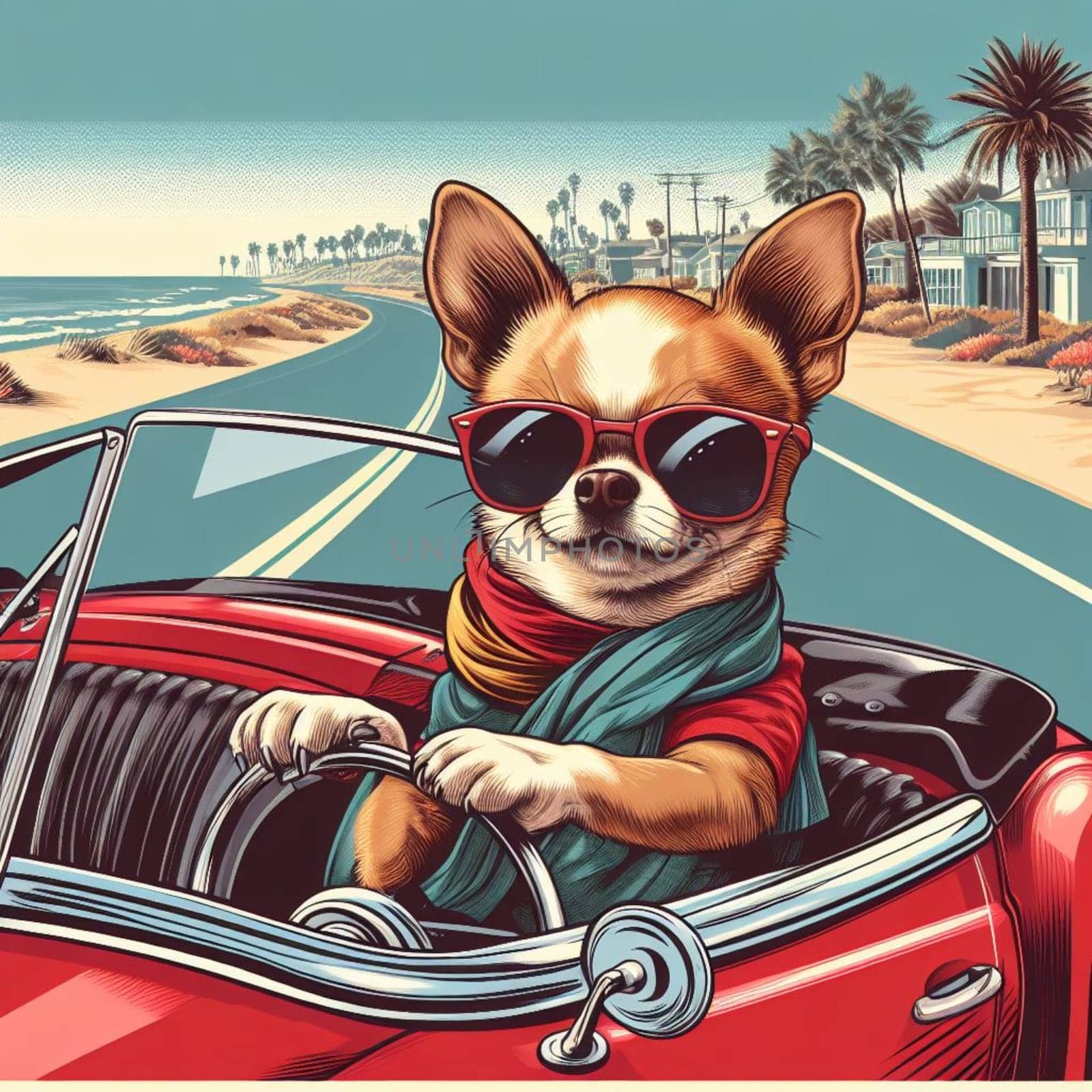 Peppo the chihuahua dog driving a cabriolet car in california funny illustration by verbano