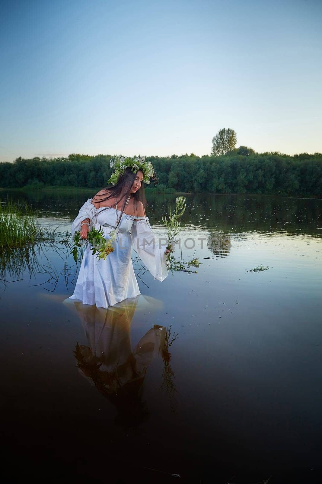 Adult mature brunette woman in a white dress, sundress and a wreath of flowers in summer in water of river or lake in the evening at sunset. Celebration of the Slavic pagan holiday of Ivan Kupala by keleny