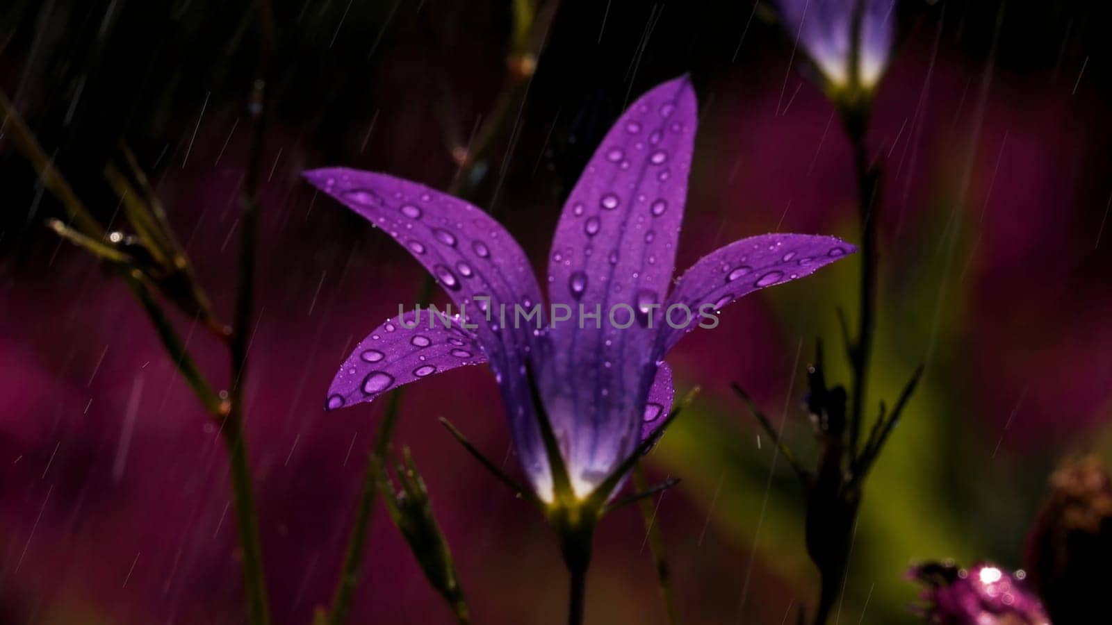 Beautiful purple flowers in macro photography. Creative. Small purple bright flowers with raindrops and bright sun on top