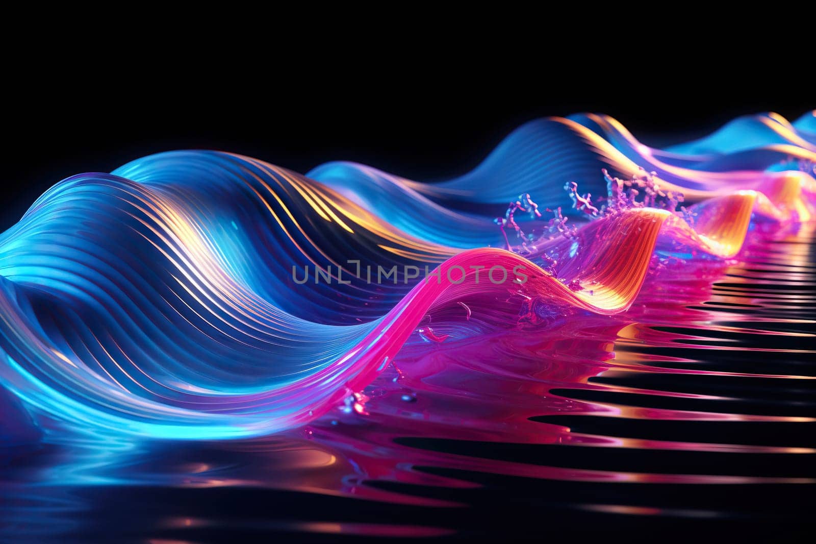 Blue neon wave on a black background. Modern digital background.