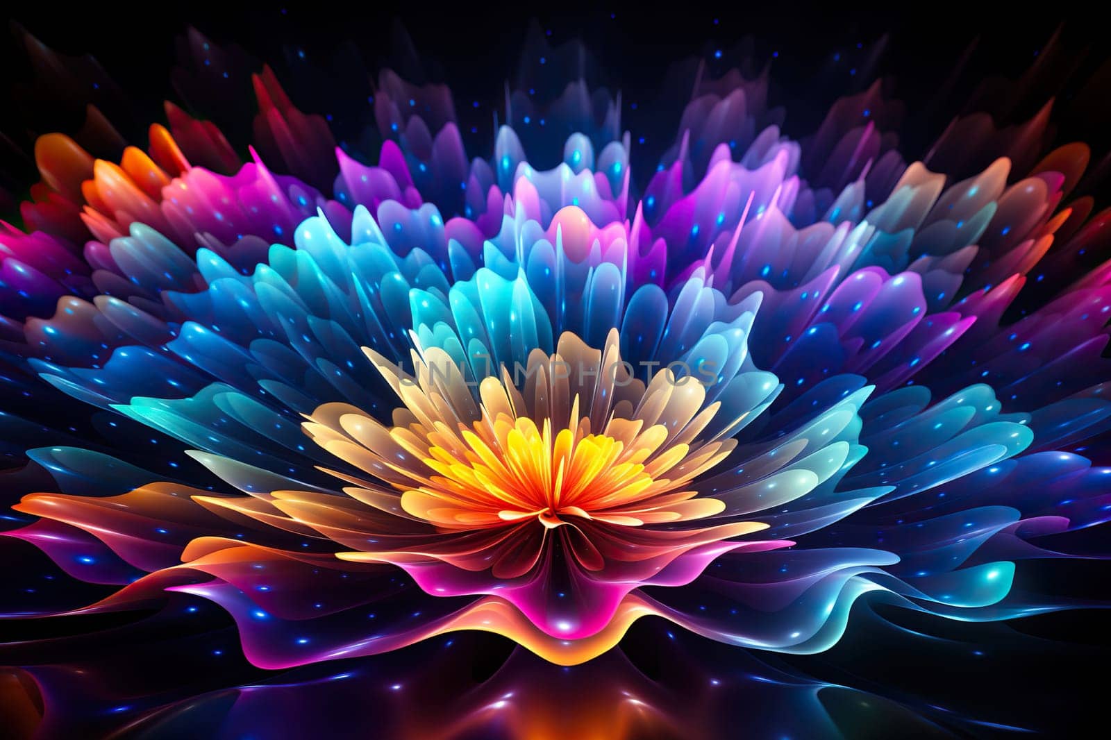 Digital neon flower, wave on a dark background. Neon abstract background.