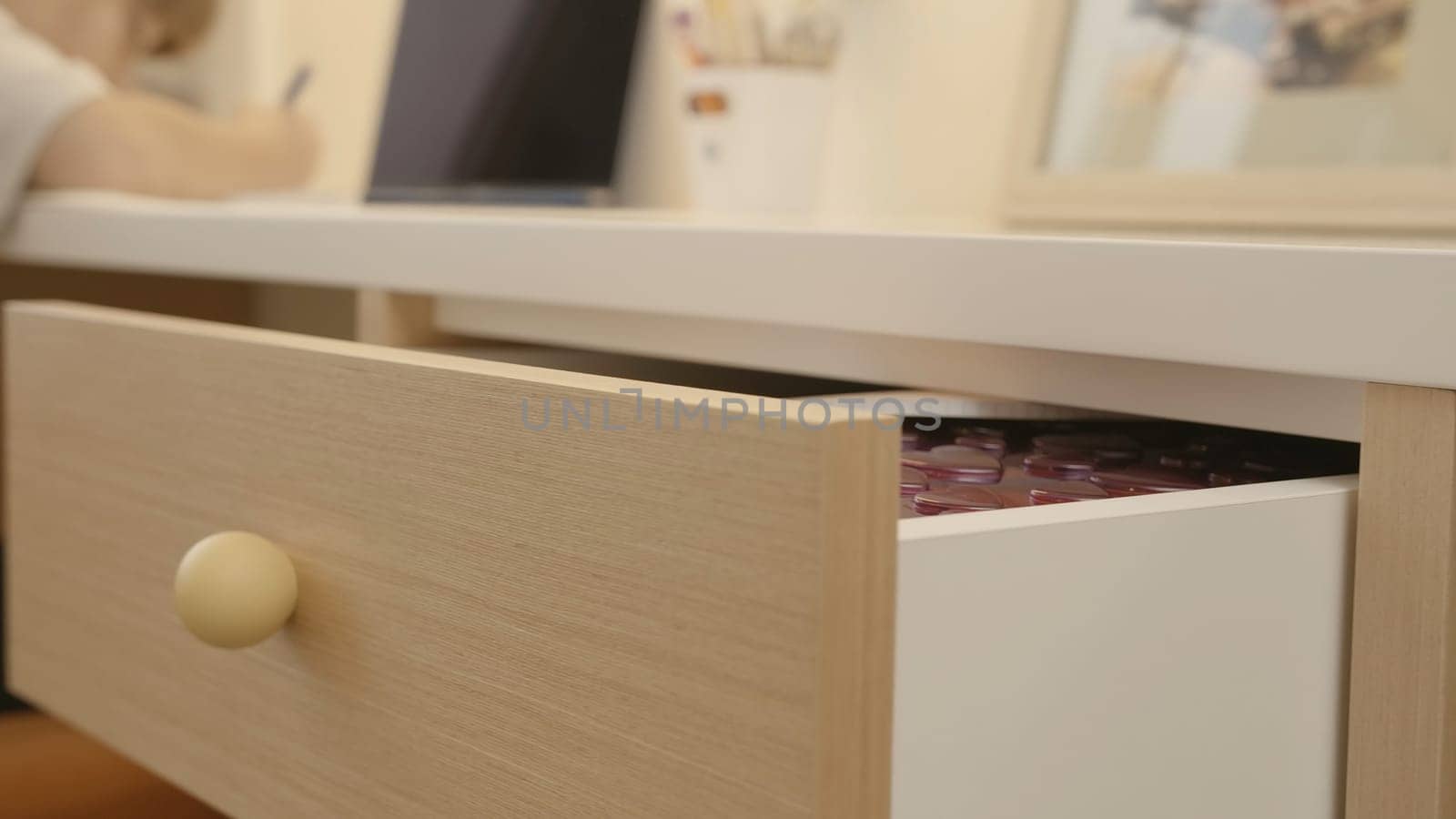 Repair concept.Creative. Small shelves of a wooden cabinet that slide out and in which things lie. High quality 4k footage