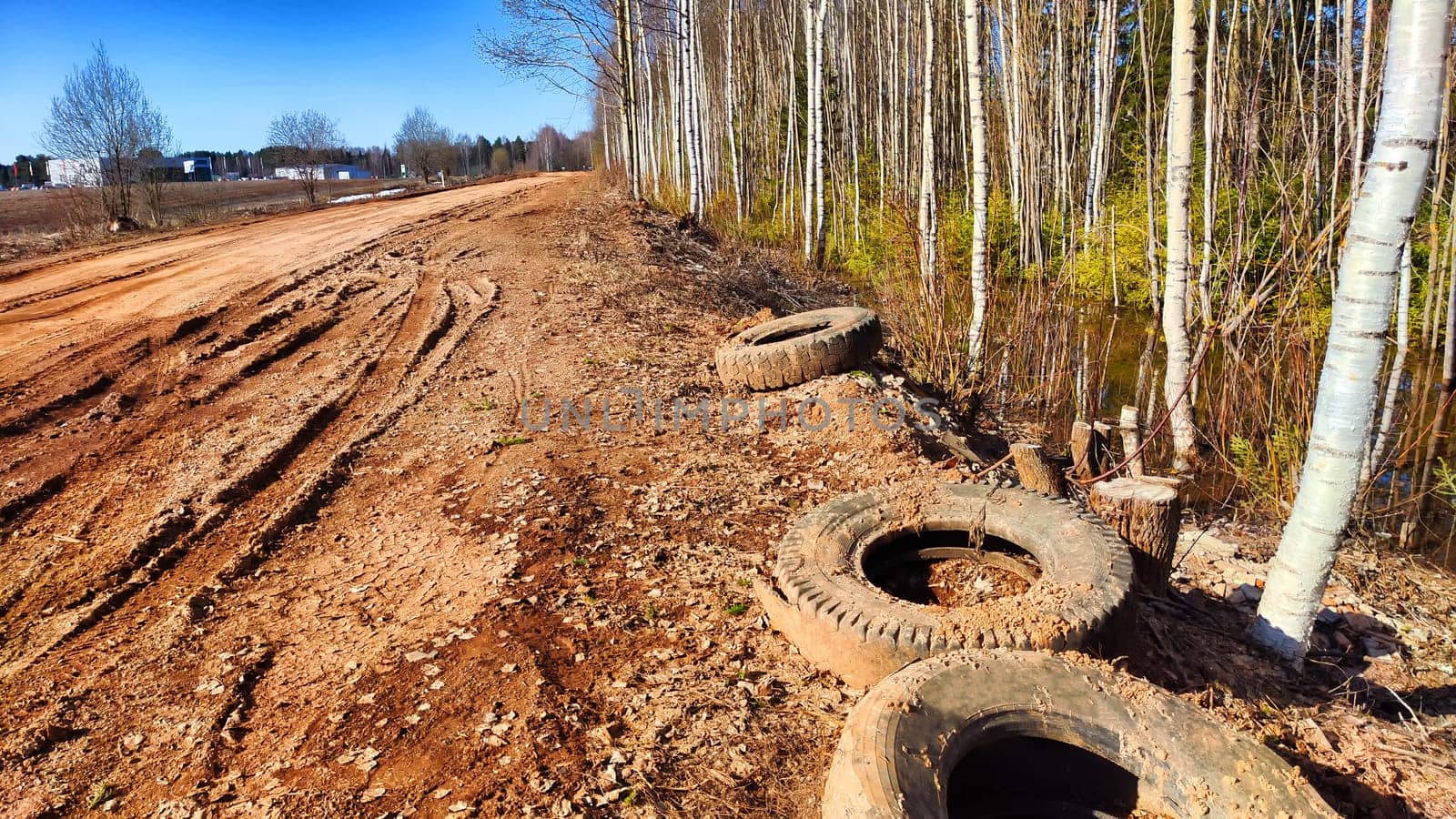 Old rubber tires from car wheels are thrown into the mud on road. The concept of environmental pollution. Garbage from human activities