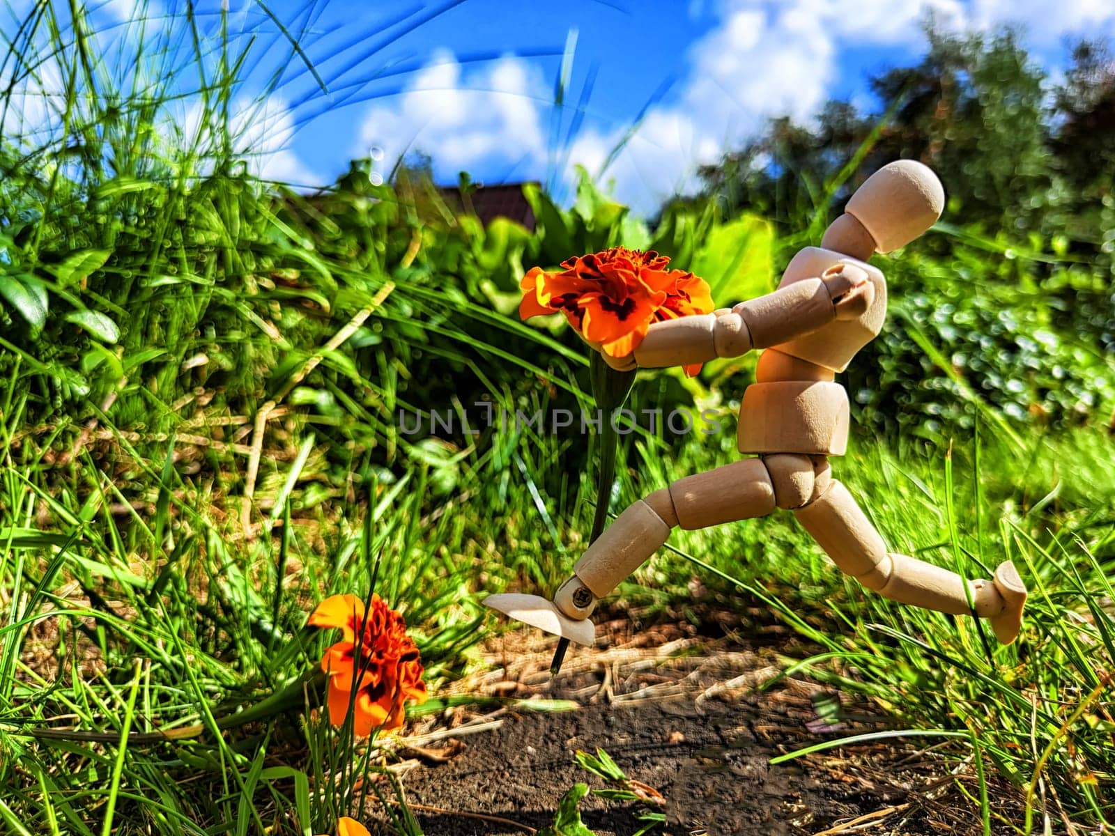 Wooden toy man with flowers against background grass in nature. Concept of holiday, gift bouquet, Valentine's Day, proposal, engagement, declaration of love, Mother's Day. Caring, loving, romantic by keleny