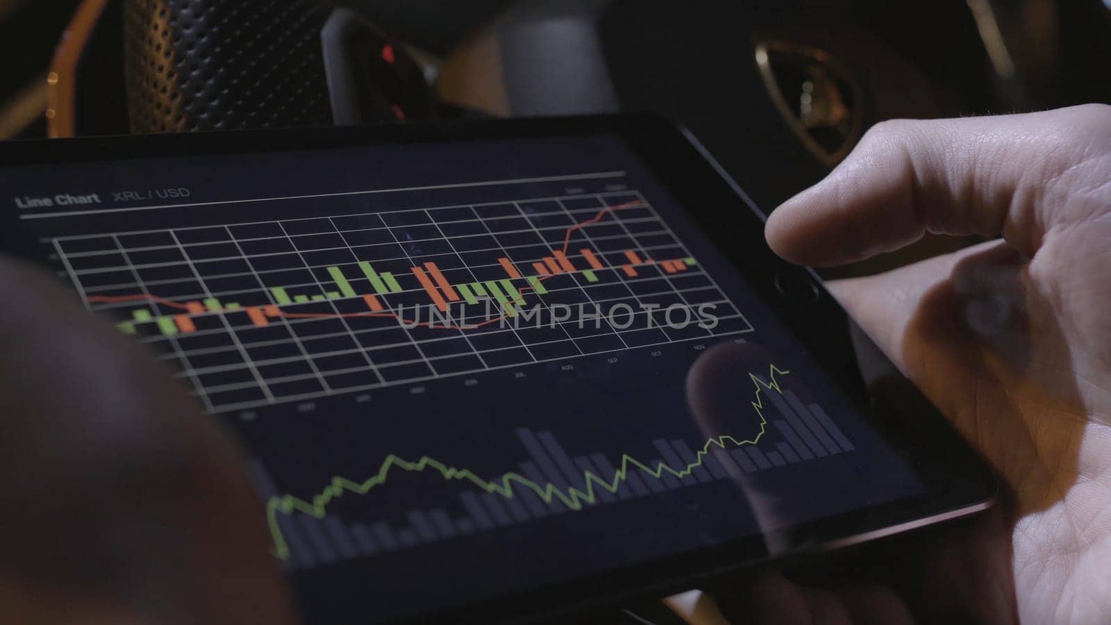 Business person analyzing financial statistics displayed on the tablet screen. Stock. Close-up of a tablet computer with graphs, diagrams and charts on screen in hands. Report, marketing, business.