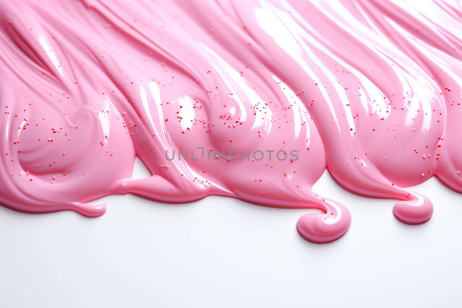 Pink confectionery glaze flows down on a white background. Generated by artificial intelligence by Vovmar