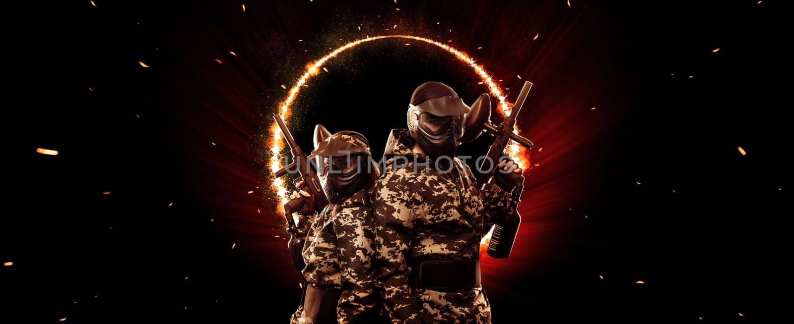 Paintball team. Family plays lasertag in the paint ball park. Advertisement design for laser tag location