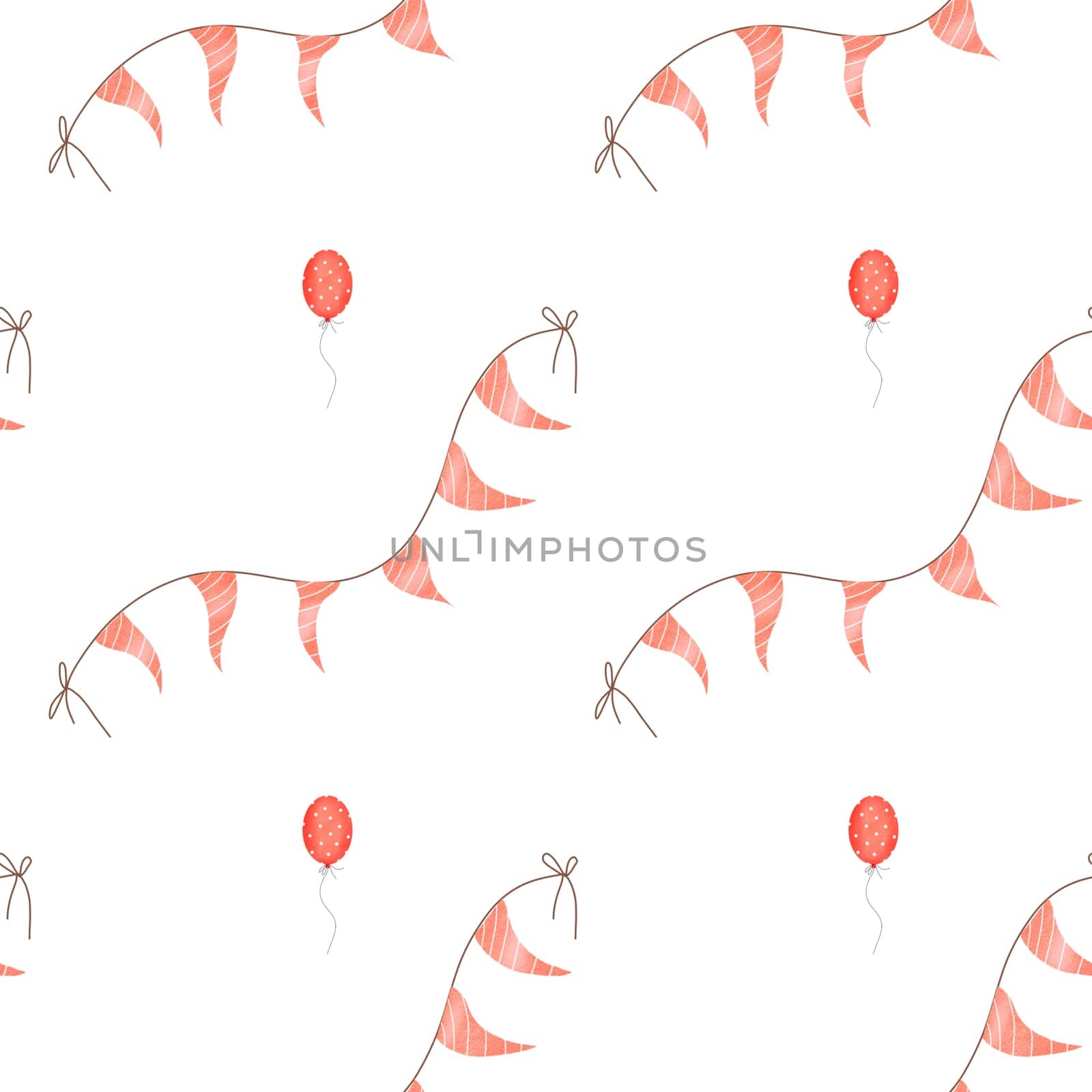 Watercolor seamless pattern with a garland of flags and balloons in red. Cute pattern for printing on textiles, wrapping paper and birthday accessories by TatyanaTrushcheleva