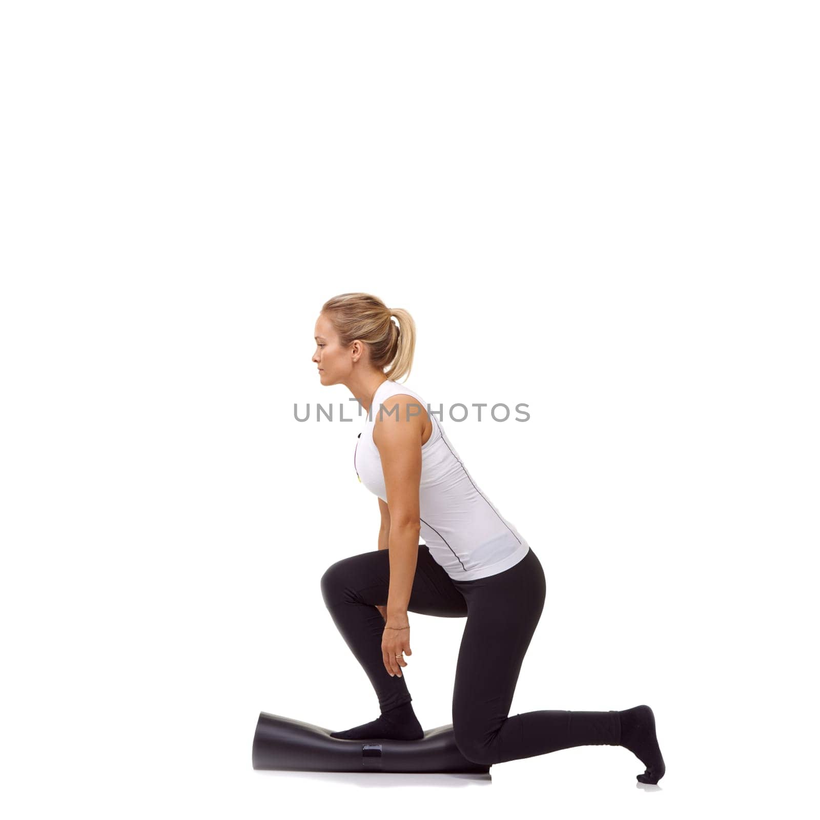 Woman, lunge and exercise on mat, studio profile or stretching workout for fitness, health or white background. Girl, yoga or pilates with training, thinking and muscle development process on floor.