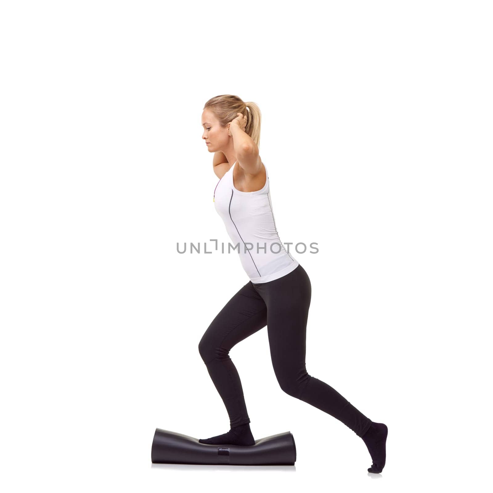 Woman, exercise and mat in studio for workout, pilates or fitness for healthy body, wellness or balance. Person, face and yoga in sportswear for physical activity on mock up space or white background.