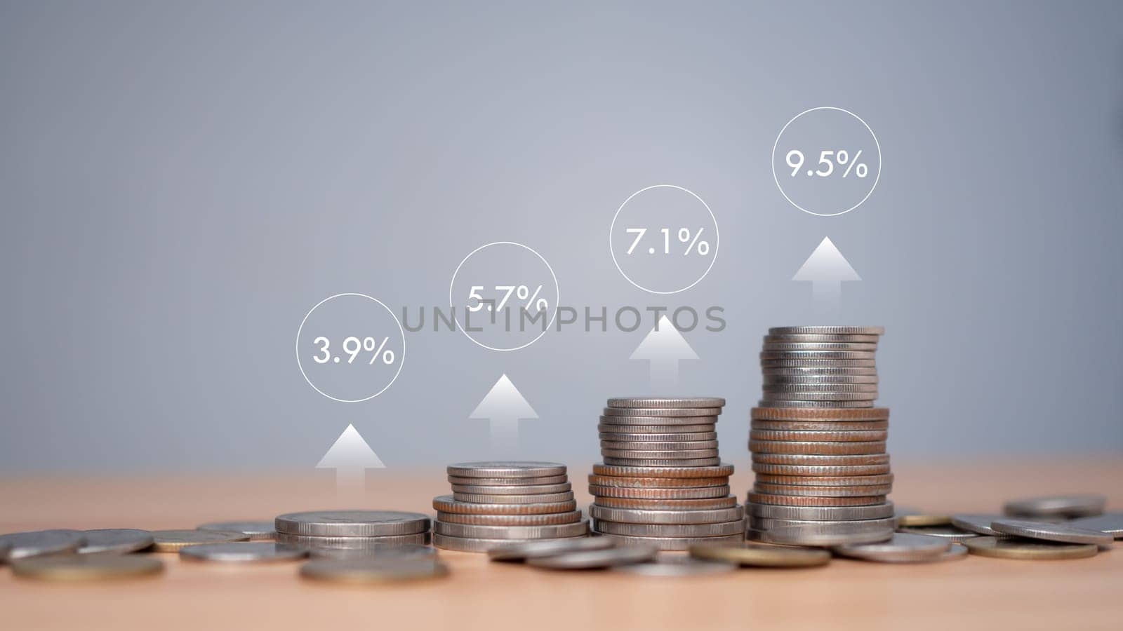 Stacking coins different height with percentage for interest rates from different investment, Investor, trader, investment, fund, stock market, Financial profit return and dividend concept. by Unimages2527