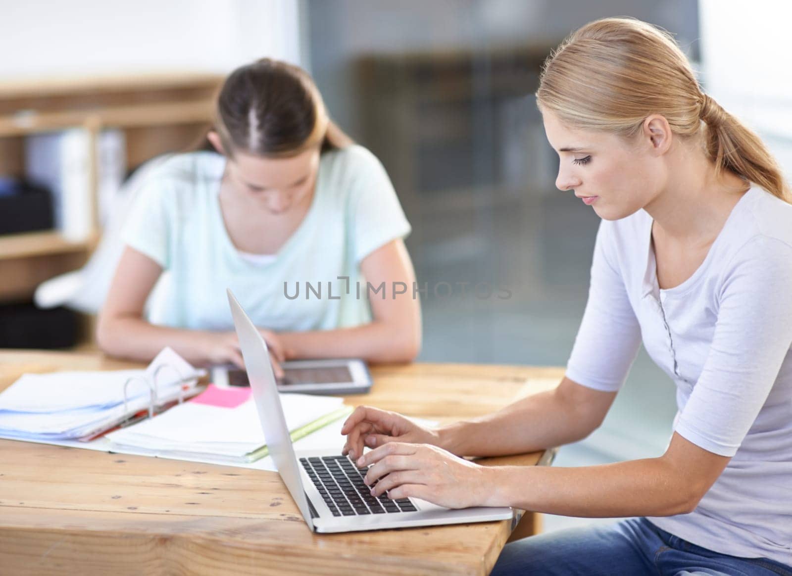 Business woman, internet and typing on laptop, networking and online communication or research. Female person, technology and connection or collaboration in office, planning and web for information.