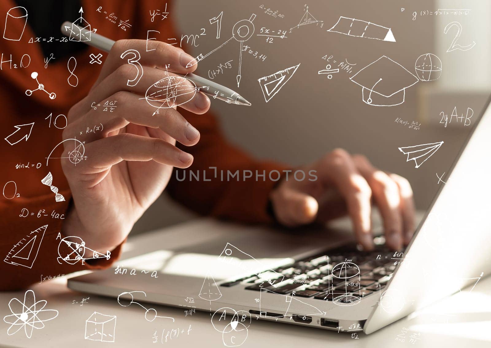 Hand of man using calculator at office table with double exposure of formulas. Concept of science and education. Toned image. High quality photo