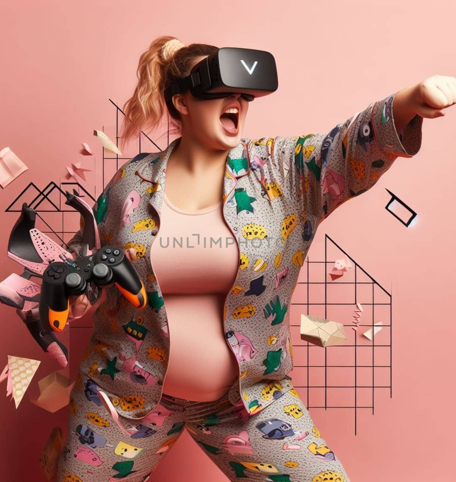 curvy woman wearing pajamas and vr goggles helmet play sport fight excercise total immersion ai art generated