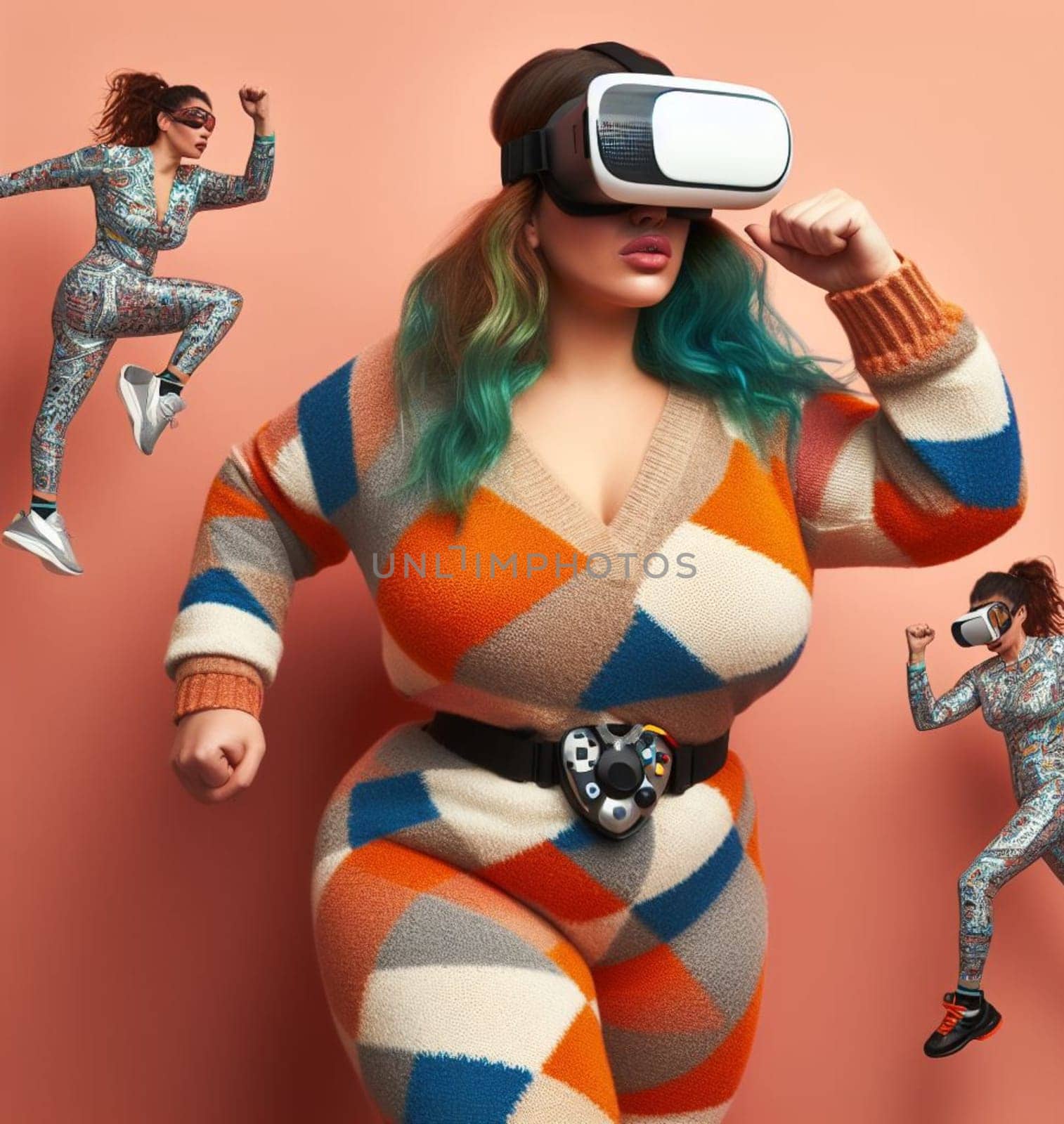 curvy woman wearing pajamas and vr goggles helmet play sport strect excercise total immersion ai art generated