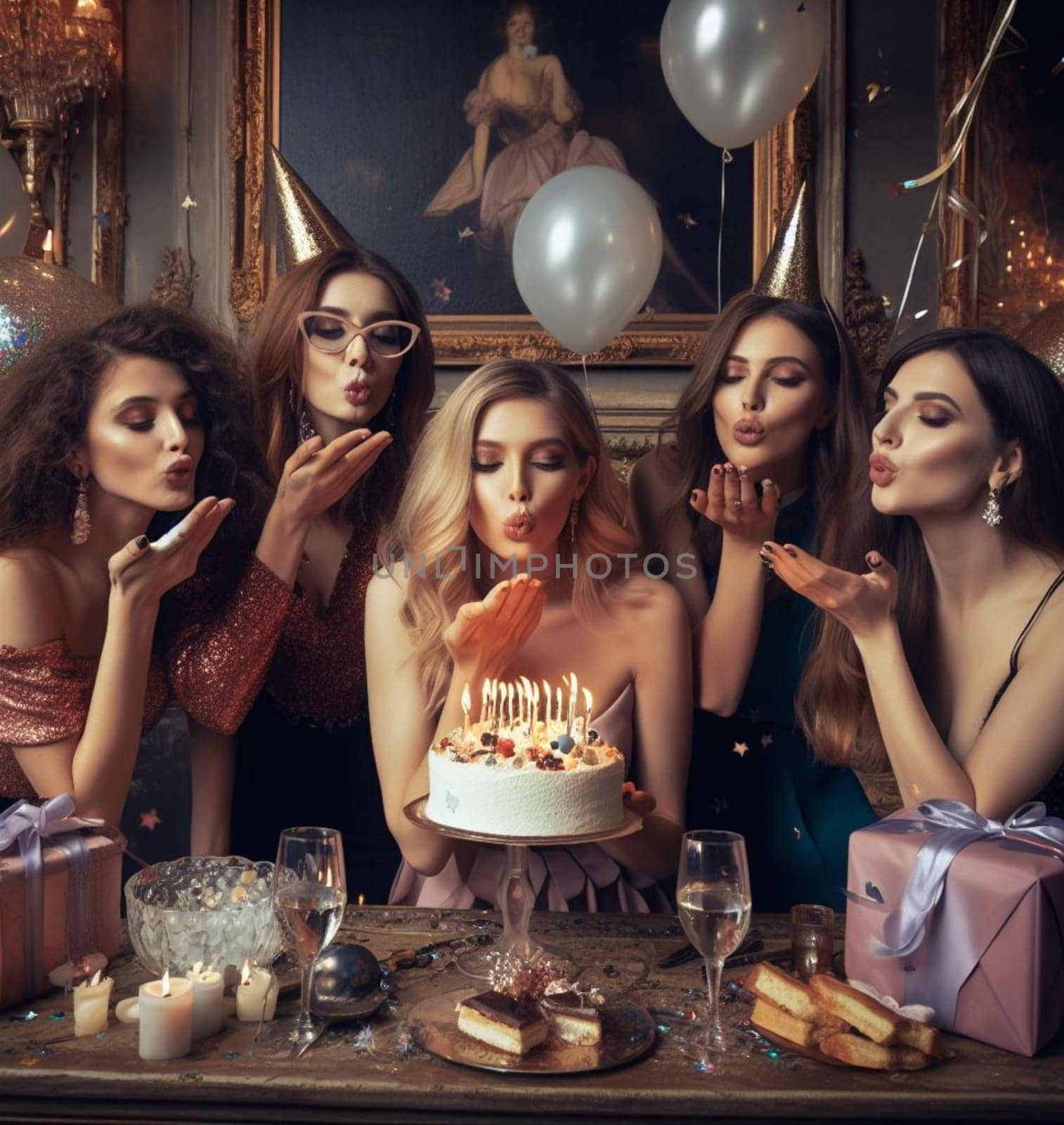 young fashionista elegant woman and group of friends celebrating birthday blowing candles by verbano