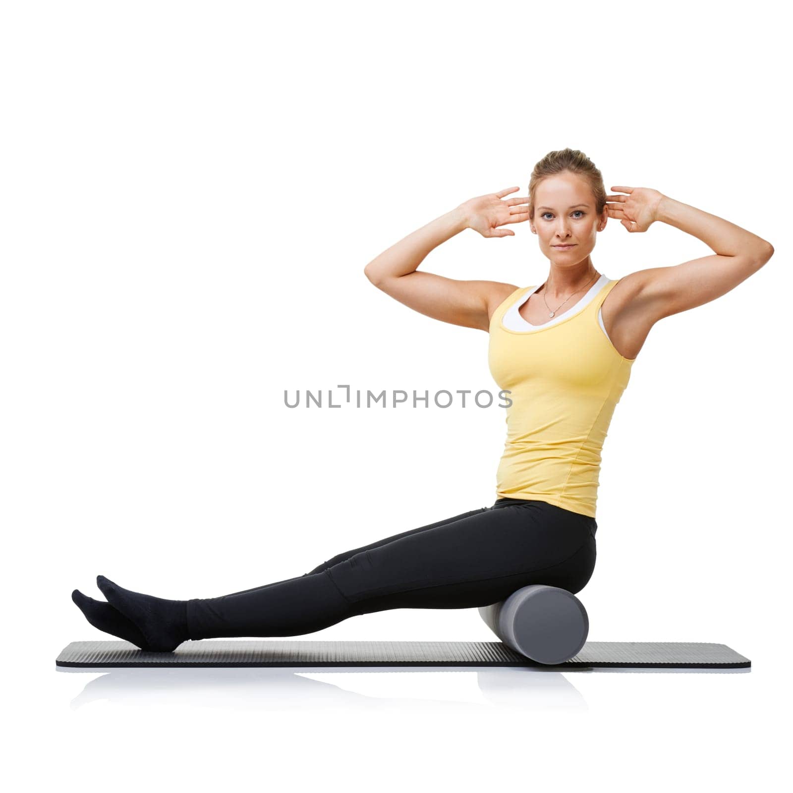 Studio workout, foam roller and portrait of woman with posture exercise, stretching or yoga performance challenge. Floor, core training or person sitting on fitness club equipment on white background.