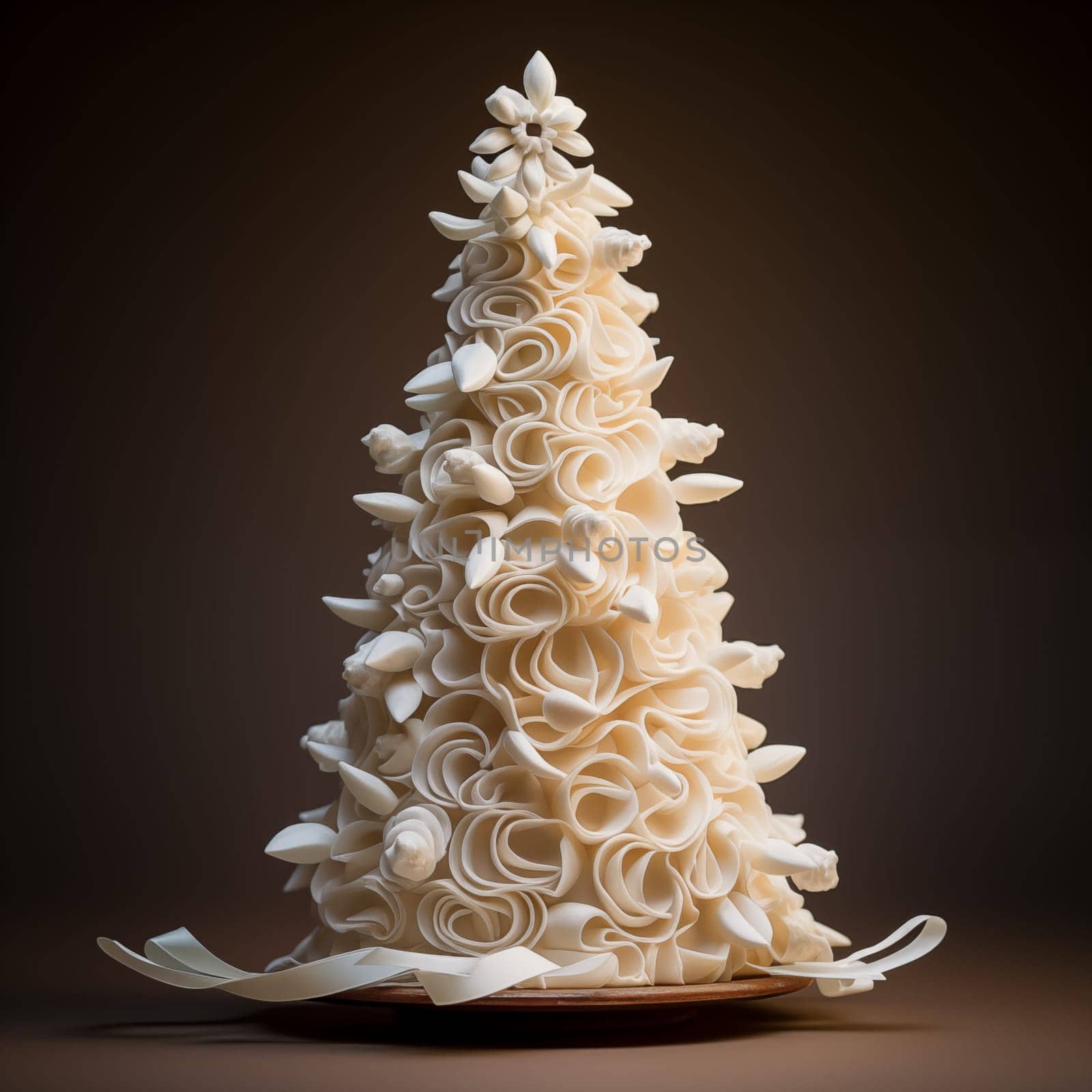 Christmas tree made of white chocolate on a dark background. High quality photo