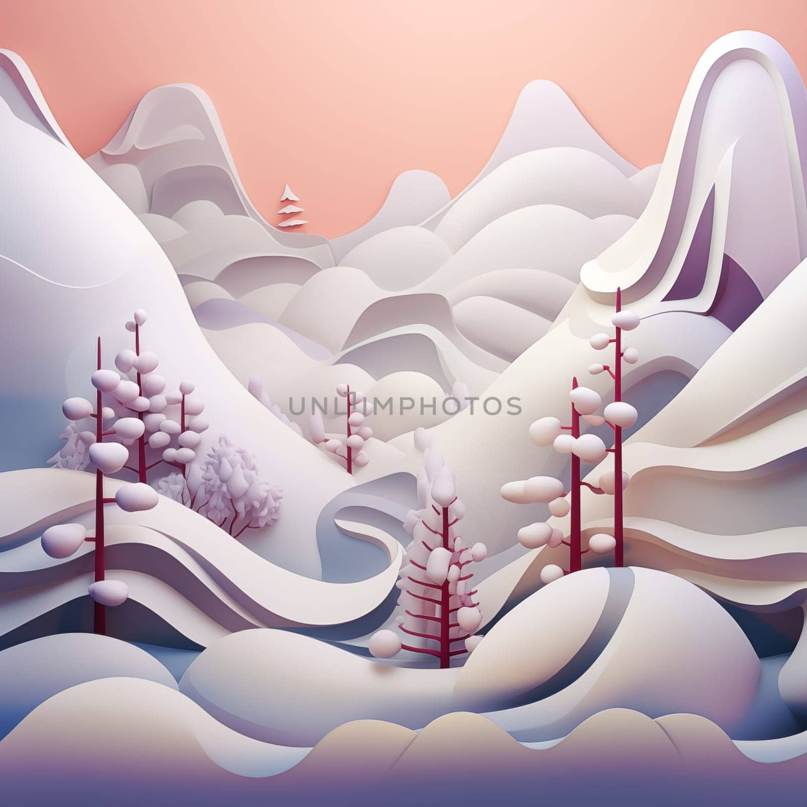 Image of snow-capped mountains and coniferous forest in winter. High quality photo