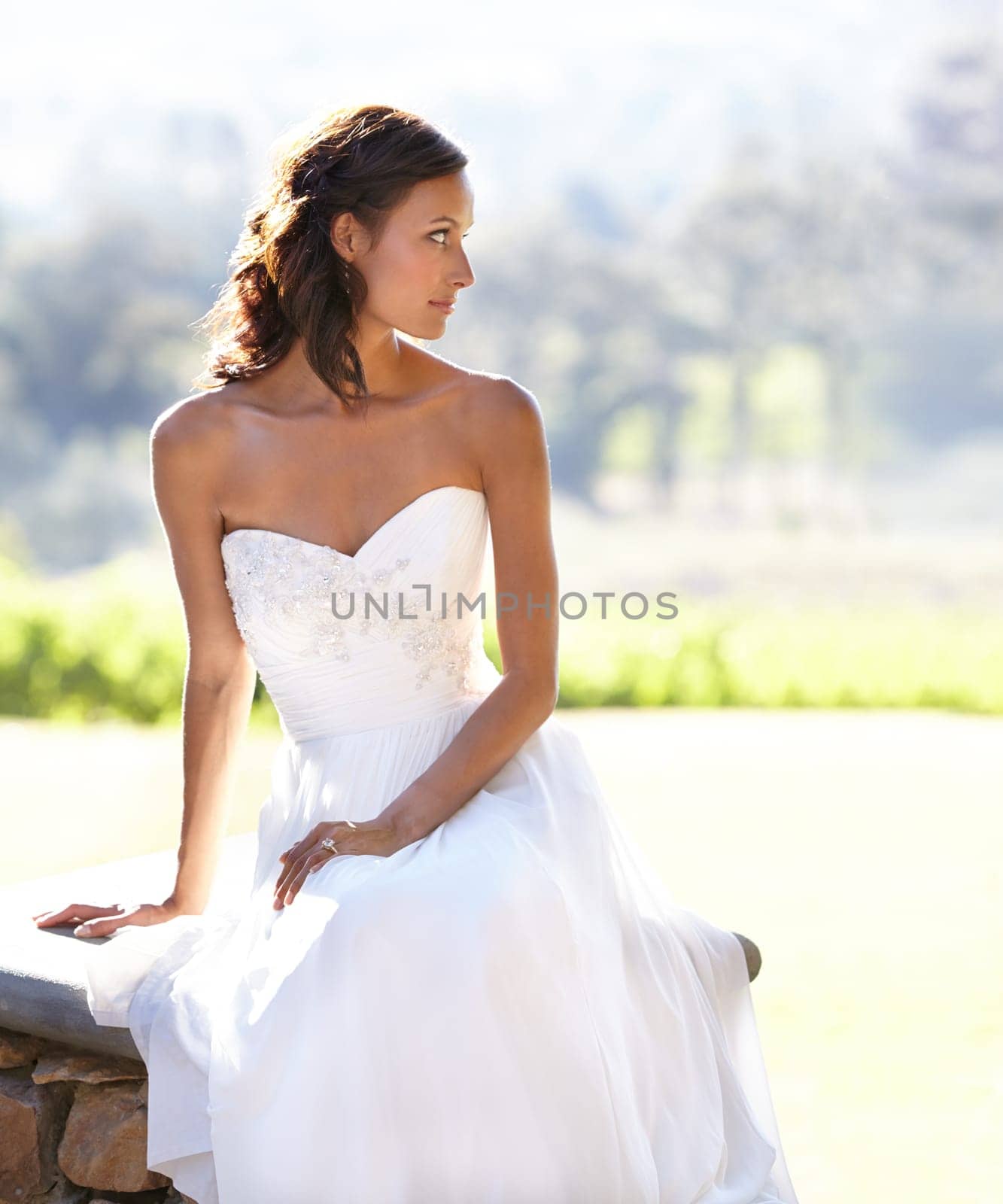 Woman, wedding dress and marriage event or outdoor celebration of commitment, love or partnership promise. Female person, bride and elegant gown or garden ceremony for happy, romance or nature party.