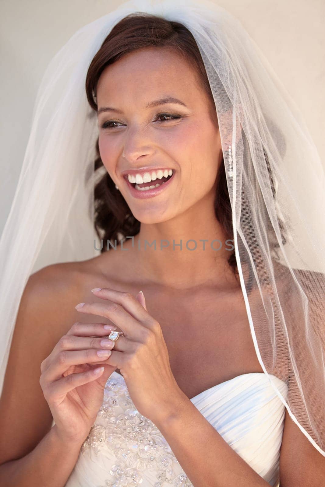Woman, wedding dress and ring for marriage celebration event, romance party or promise commitment. Female person, bride and veil or accessory jewelry for love ceremony, partnership or union bonding.