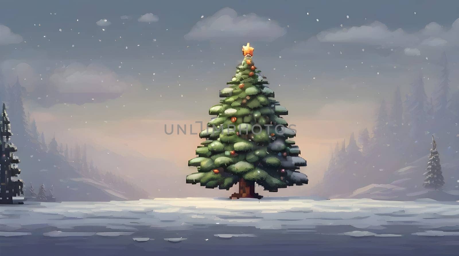 christmas fir tree in snowfalls,16-bit pixel art by andre_dechapelle