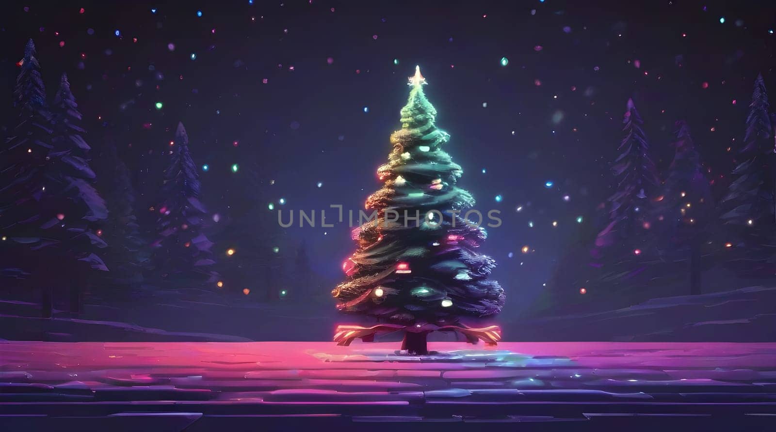 christmas fir tree in snowfalls,32-bit pixel neon ar by andre_dechapelle