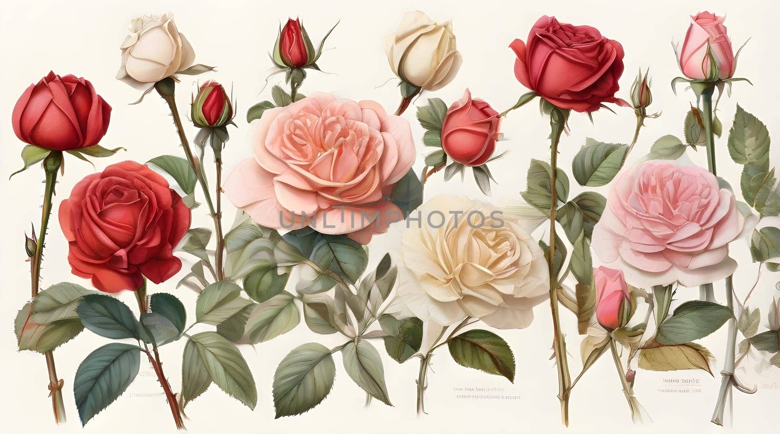 types of roses on white background, botanical illustration.