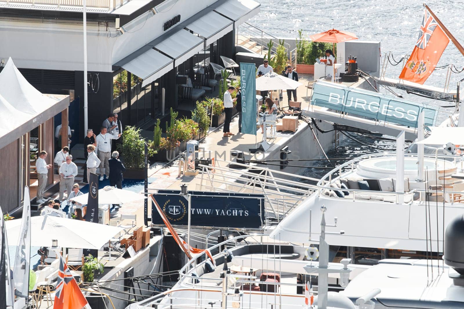 Monaco, Monte Carlo, 27 September 2022 - a lot of luxury yachts at the famous motorboat exhibition in the principality, the most expensive boats for the richest people around the world, yacht brokers. High quality photo