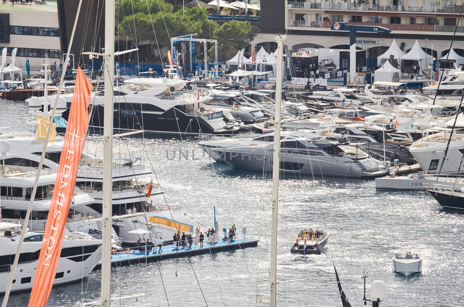 Monaco, Monte Carlo, 27 September 2022 - a lot of luxury yachts at the famous motorboat exhibition in the principality, the most expensive boats for the richest people around the world, yacht brokers. High quality photo