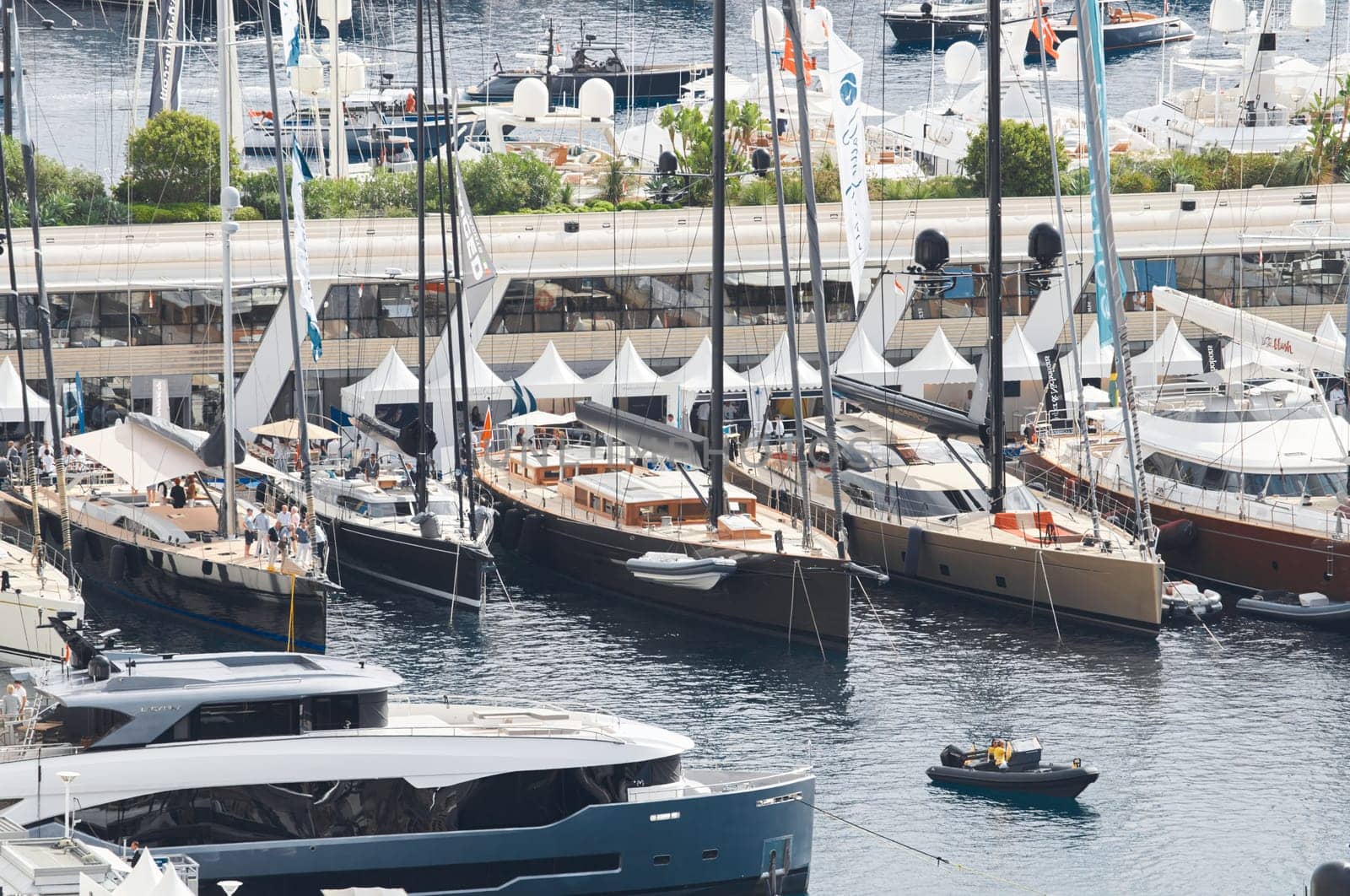 Monaco, Monte Carlo, 27 September 2022 - a lot of luxury yachts at the famous motorboat exhibition in the principality, the most expensive boats for the richest people around the world, yacht brokers. High quality photo