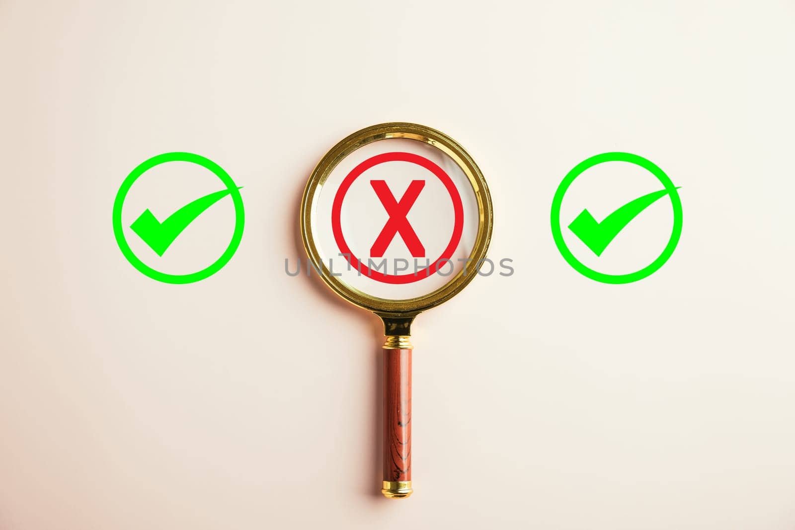 Magnifying concept for business decisions, man examines yes or no choices mark emphasizes difficulty. Hand selection signifies success. Check mark confirms decision made. Think With Yes Or No Choice.