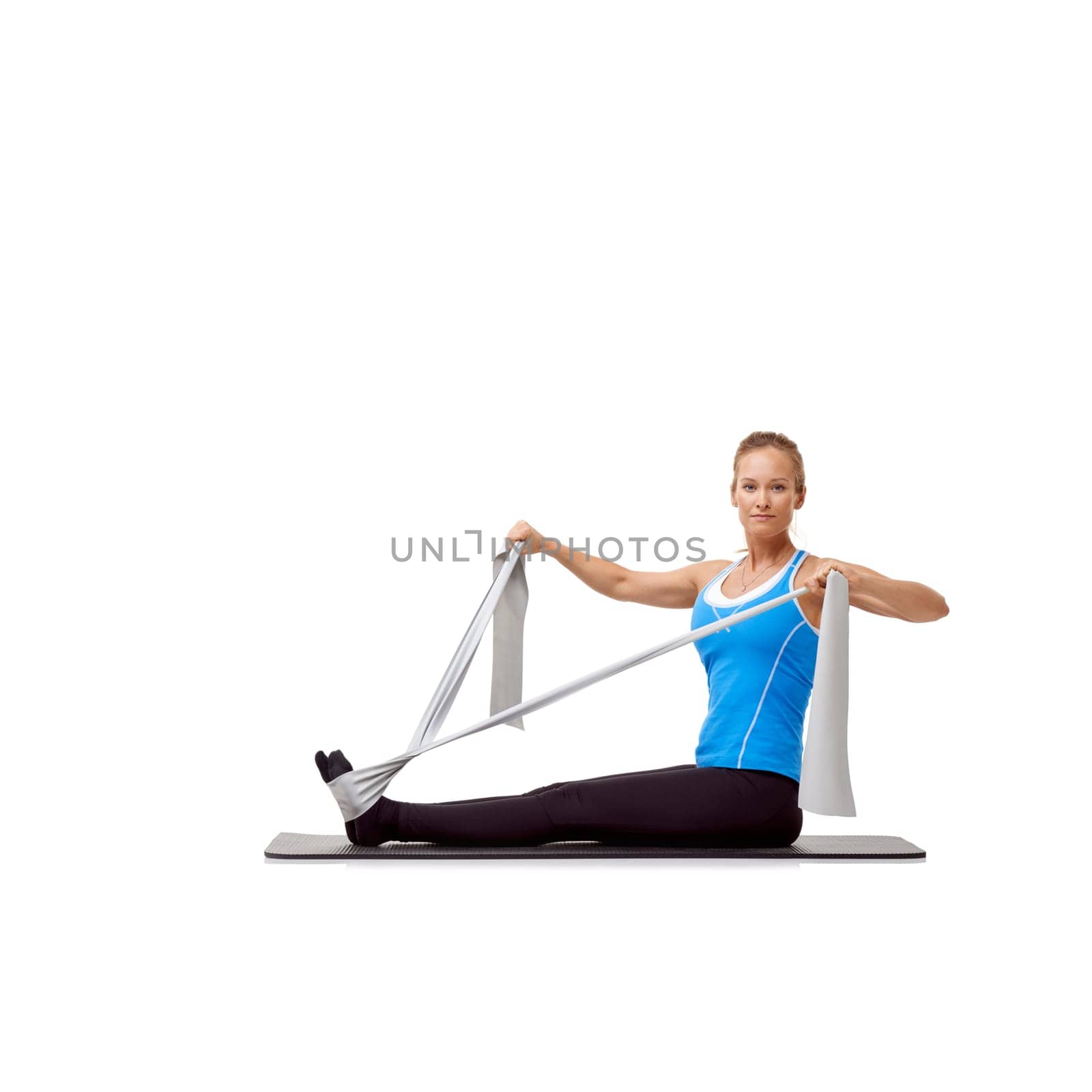 Sports, resistance band and portrait of woman doing exercise in studio for health, wellness and bodycare. Fitness, yoga mat and person from Canada with arm workout or training by white background