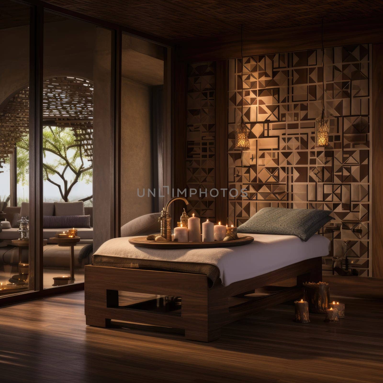 Interior of massage room in spa. Generative AI by itchaznong