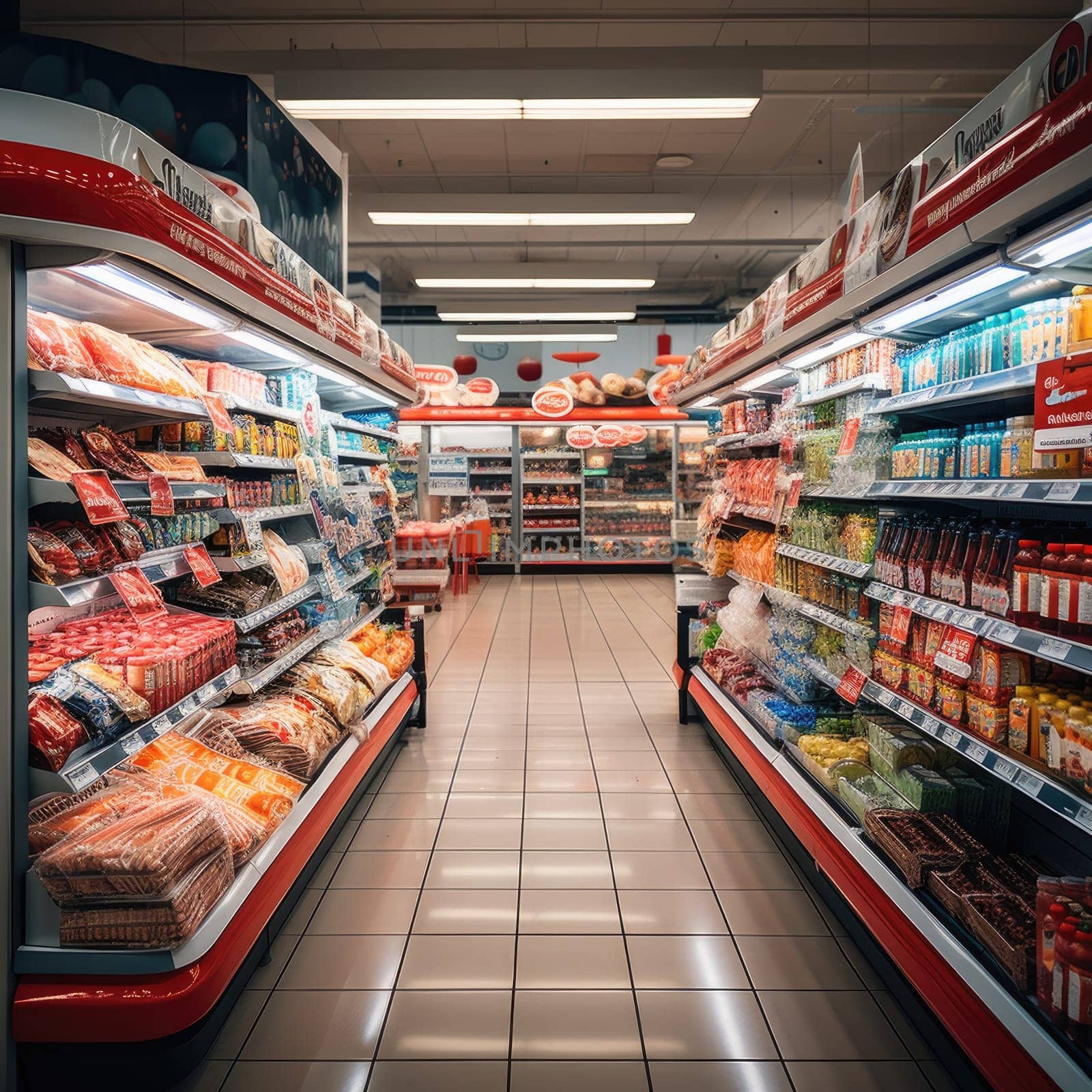 Supermarket with a variety of products, a long corridor, and light bulbs on the ceiling. Generative AI.