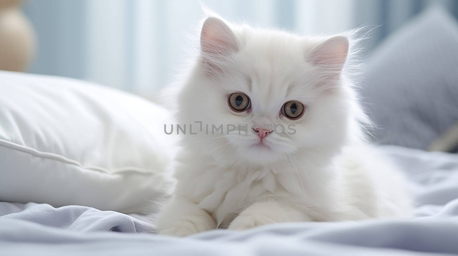 A cute white fluffy kitten lies on the , bed at home, at morning, in daylight, look at camera