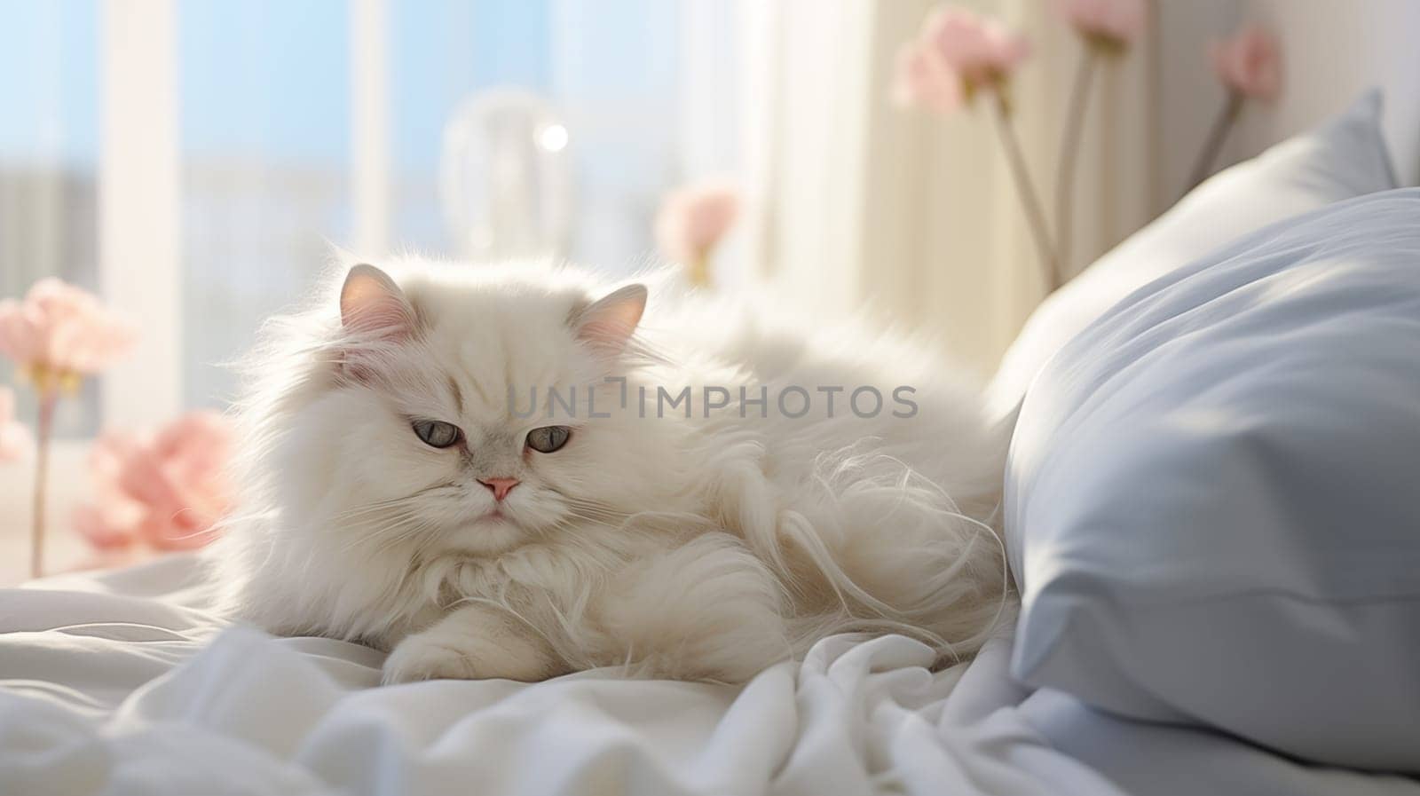 A charming white fluffy cat lies on the white bed at home, at morning, in daylight,