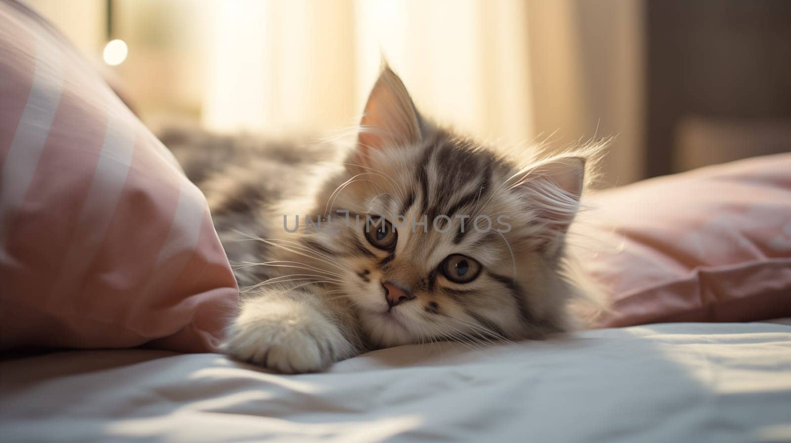 Cute tabby cat lie on bed at home, in daylight, close-up.