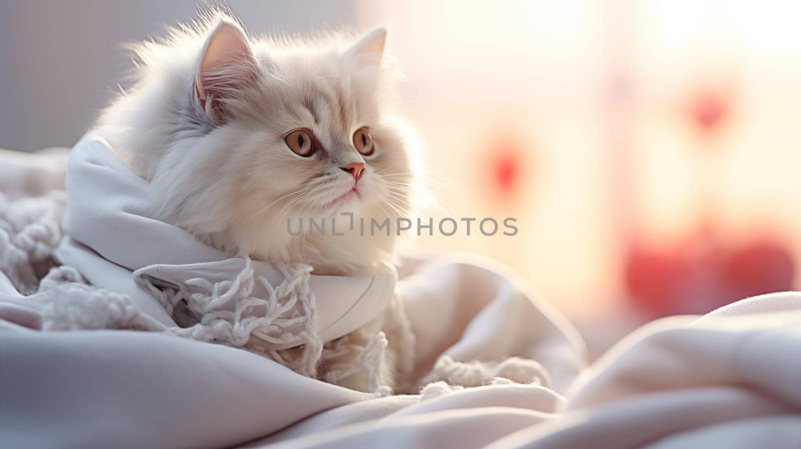 A charming white fluffy cat lies on the bed at home, in daylight, close-up, looking to the side.