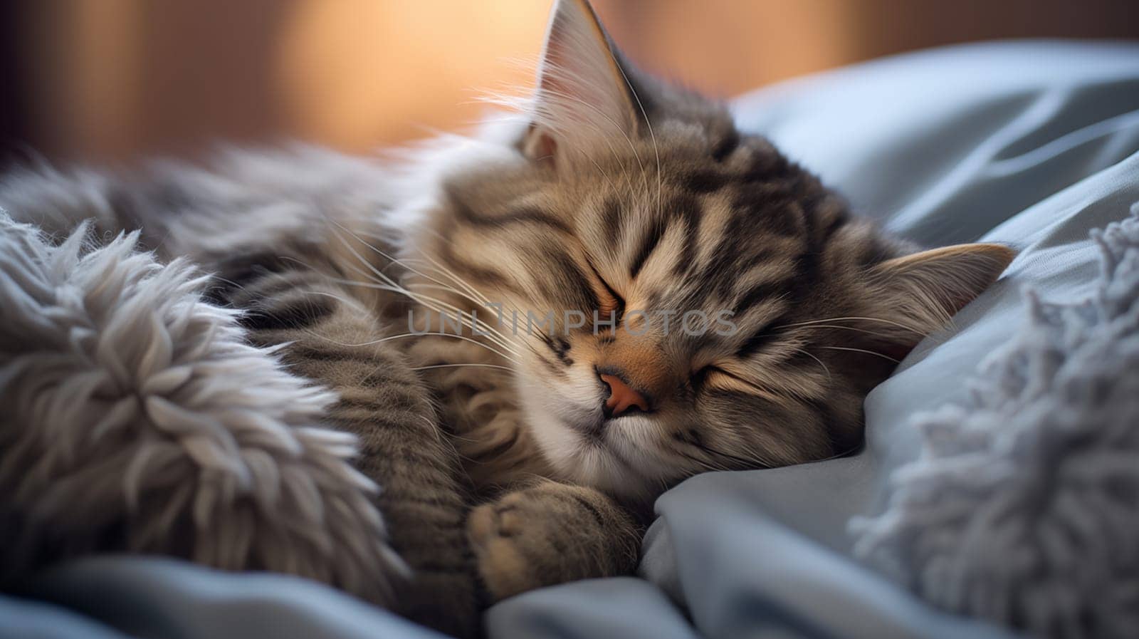 Cute tabby cat sleeping on bed at home, in daylight, close-up.