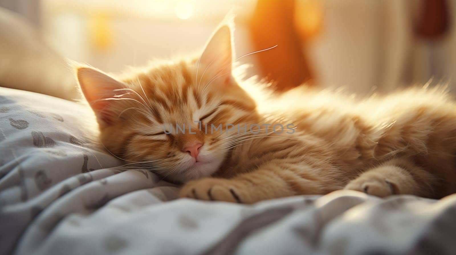 Cute ginger kitten sleeping on bed at home, in daylight, close-up.