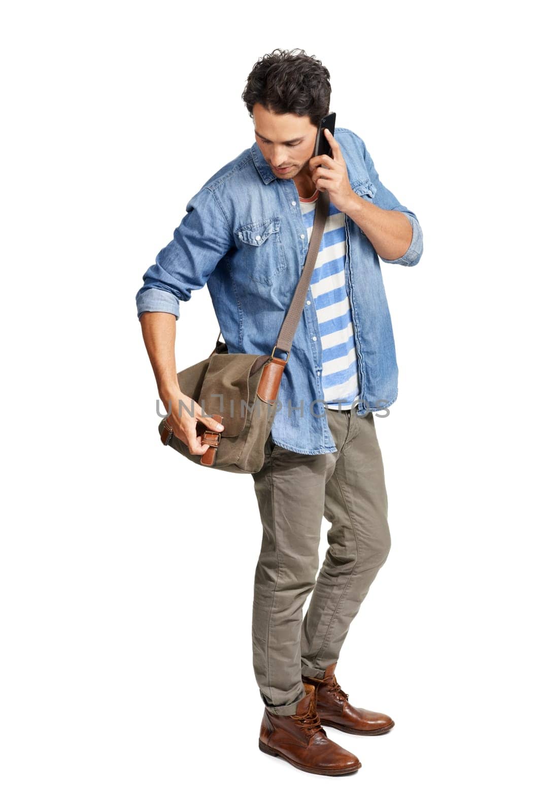 Man, phone call and conversation in studio, connection and technology by white background on app. Male person, smartphone and communication or network, speaking and internet for online discussion.