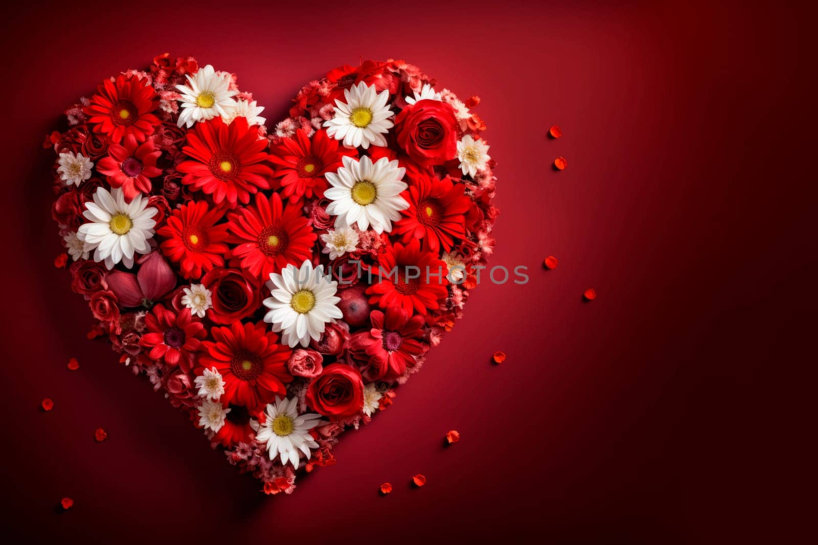 The flowers are laid out in the shape of a heart on a red background. The copy space. Minimalism. Red background. High quality photo